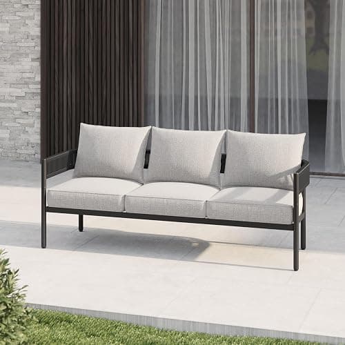 Gand Patio Outdoor 3-Seat Couch Sofa, Wicker Conversation Set with Thick Cushion for Porch, Garden, Yard, Beige thumbnail 7