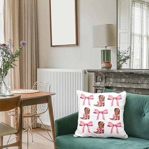 QROZIAR Preppy Coquette Pink Bow Cowgirl Pillow Covers, Trendy Western Decorative Throw Pillow Covers 18x18, Cowgirl Aesthetic Room Decor Pillow Cases for Home Bedroom Couch Girls College Dorm thumbnail 5