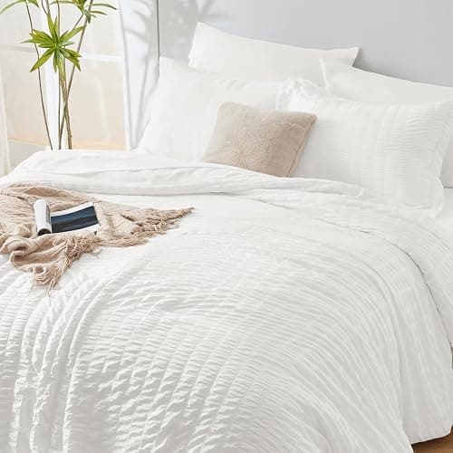 CozyLux Queen Comforter Set White, 7 Pieces Seersucker Textured Luxury Bed in a Bag Queen, All Seasons Soft Bedding Sets with Down Alternative Comforter, Sheets, Pillowcases & Shams, Bedroom Bed Set thumbnail 9