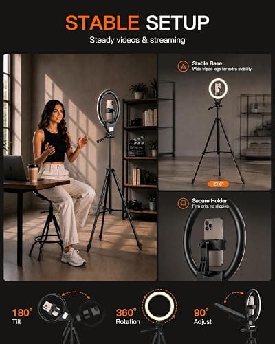 Sensyne Ring Light with Stand, 50" Phone Tripod for iPhone & Android, LED Ring Light with Remote, 3 Color Modes & 10 Brightness Levels for TikTok, Zoom & Video Recording thumbnail 7