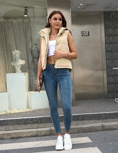 Fhniepan Womens Corduroy Puffer Vest Sleeveless Stand Collar Zip Up Snap Lightweight Jacket Padded Gilet Outerwear thumbnail 7