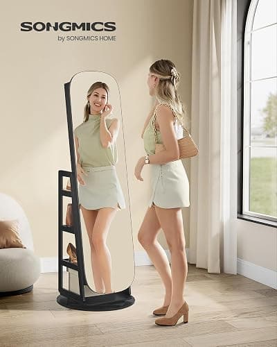 SONGMICS LED Jewelry Cabinet, 360° Swivel Jewelry Organizer, Lockable Mirror Jewelry Cabinet Standing, Rounded Wide Full-Length Mirror with Storage Shelves, Interior Mirror, Ebony Black UJJC036B01 thumbnail 3