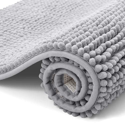Kitinjoy Non Slip Chenille Bath Mat, Extra Soft Bathroom Mat, Super Absorbent Fluffy Bath Mats for Bathroom, Machine-Washable Quick Dry Bath Rug Foot Mat, 16"x24", Grey - Image 1