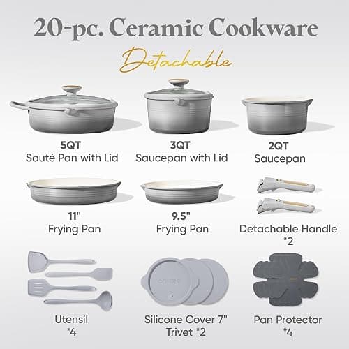 CAROTE 20pcs Titanium Cookware Set, Pots and Pans Set Detachable Handle | Non-Stick, Non-Toxic, PFAS and PFOA Free, Induction Compatible, Dishwasher & Oven Safe, Space Saving, Camping Cooking, Gray thumbnail 3
