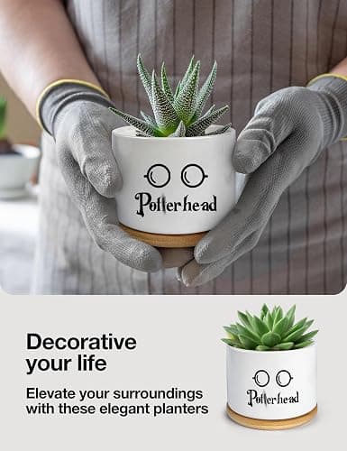 PWHINGN Funny Ceramic Succulent Planter Pots with Drainage Bamboo Tray, Office Windowsill Decor Indoor, Funny Plants Pots Desk Accessories for Plant Lovers Mom Friends Teacher (Not Plants) thumbnail 4