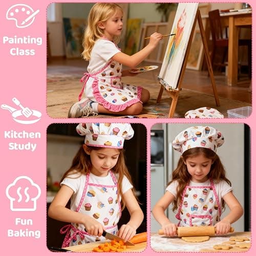 MEIDAYAI 2 Pcs Kid Apron and Chef Hat Set, Adjustable Childrens Cooking Baking Outfit, Pretend Play Dress Up Costume for Toddlers 3-8, Birthday Xmas Gift (White) thumbnail 4