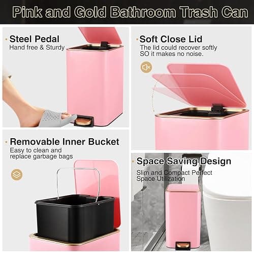 XLHOMO Pink Bathroom Accessories Set 8 Piece Pink and Gold Bathroom Set, Bathroom Sets with Stainless Steel Trash Can,Toilet Brush,Toothbrush Set,Soap Dispenser thumbnail 4