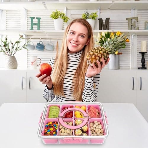 Divided Serving Tray with Lid and Handle, 8 Compartments Snack Box, Portable Platter for Candy Fruits Nuts, Snack Party Entertaining Picnic - Pink 2 thumbnail 2