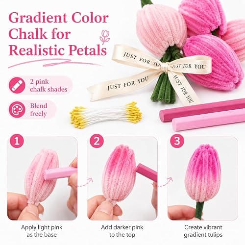 Quaystars 400Pcs Pipe Cleaners Bulk for Crafts - Tulip Flower Making Kit with Chenille Stems, Wire & Tape - DIY Arts and Crafts Supplies for Adults, Gift (Green, Pink) thumbnail 3