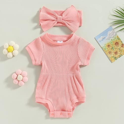 FOMOYUU Newborn Baby Girl Clothes Summer Short Sleeve Jumpsuit Romper with Bow Headband Knit Ribbed Outfits thumbnail 2