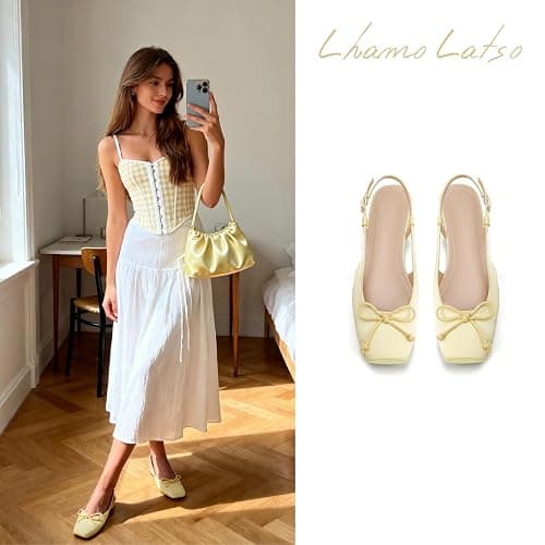 Lhamo Latso Women's Ballet Flats Slingbacks Square Toe Bow Knit Dressy Flat Shoes with Ankle Buckles Satin thumbnail 2