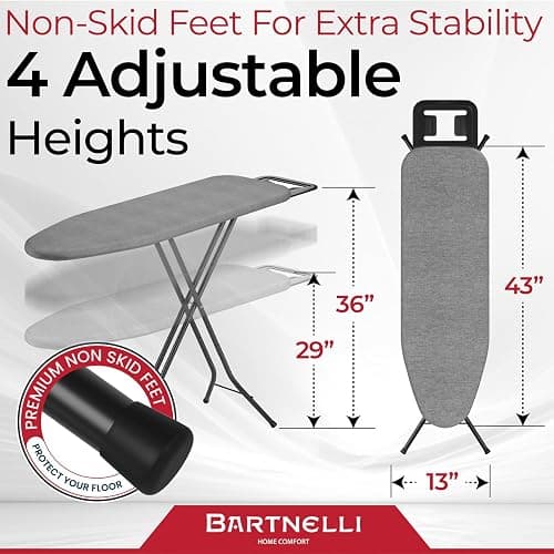 Bartnelli by Rorets Ironing Board Made in Europe | Iron Board with 4 Layered Cover & Pad, Height Adjustable up to 36" Features A Safety Iron Rest, 4 Steel Legs, for Laundry Room or Dorm Use (43x13) thumbnail 2