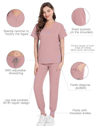niaahinn Scrub Suit Set for Women Modern V-neck Top & Tapered Leg Jogger Pants with Drawstring Medical Nursing Uniforms Set thumbnail 5