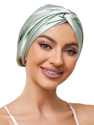 Adjustable Silk Satin Bonnet for Sleeping Hair Wrap, Double Layer Sleep Cap, Night Turban for Large Long Curly Braid Women Men Hair - Matcha Green - Image 1