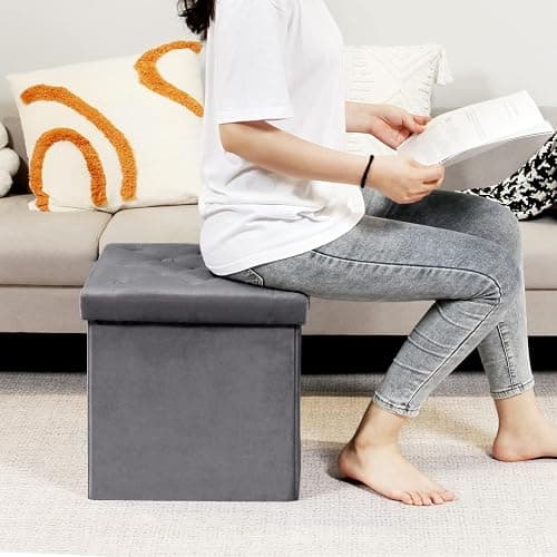 B FSOBEIIALEO Storage Ottoman Cube, Velvet Tufted Folding Ottomans with Lid, Footstool Rest Padded Seat for Bedroom (Grey, Medium) thumbnail 4