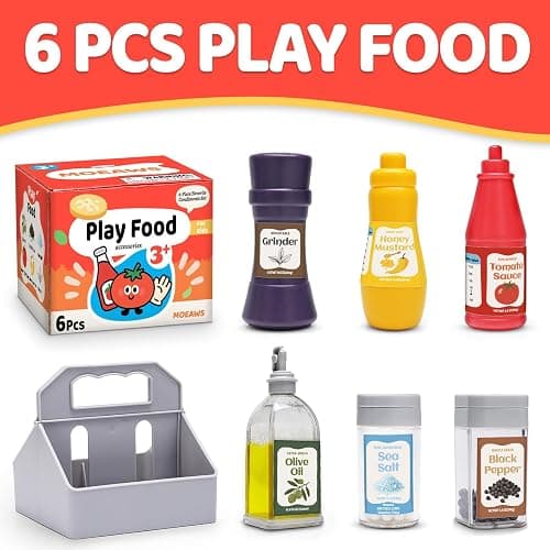 6 Pcs Condiment Toys with Storage Rack and Gift Box, Play Food Set for Kids Kitchen, Pretend Food Play Kitchen Accessories for Toddler, Preschool Learning Toys for Boy Girl, Pretend Grocery Store thumbnail 4