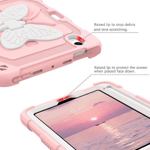DUEDUE Case for iPad mini 7 (A17 Pro) 2024,iPad mini 6 Case 2021, Butterfly Wings Kickstand with Pencil Holder Shockproof Protective Tablet Case for iPad mini 7th/6th Gen Kids, Beige/Pink thumbnail 7