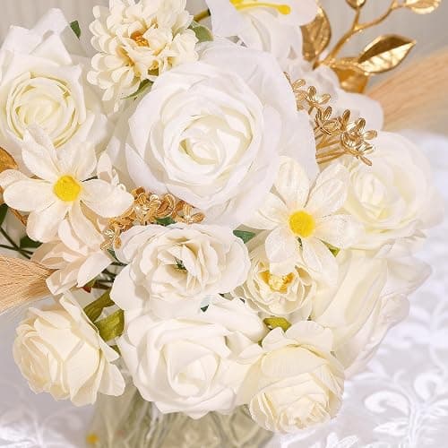 SwanMoon Artificial Flowers Combo Box Set, 33pcs Silk Roses & White Peony with Stems for DIY Wedding Bouquets, Baby Shower, Party Centerpieces & Home Decor thumbnail 2