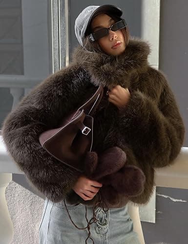 Wyeysyt Women's Faux Fur Coat with Hood Open Front Cropped Fluffy Jacket thumbnail 5