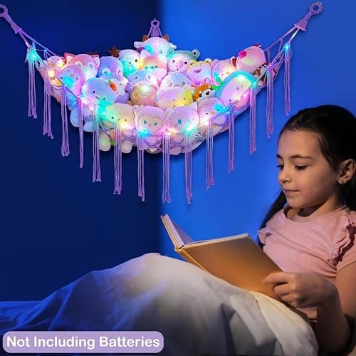 Basumee Stuffed Animals Net or Hammock with LED Light, Hanging Stuffed Animals Storage Toy Hammock Net Corner Wall Girls Room Decor Toy Storage Organizer, Purple, L thumbnail 2