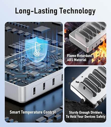 CREATIVE DESIGN 6 Port Charging Station for Multiple Devices,50W Multi Phone Charging Station with 6 Cables, Multiple USB Charger Station Designed for Cellphone iPad iPhone Tablet (Silver) thumbnail 2