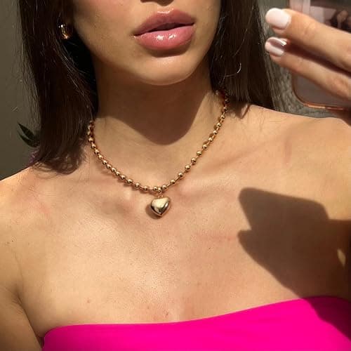 18k Gold Chain Link Necklace for Women, Baroque Pearl/Compass Pendant Necklace - Puffy Heart thumbnail 6