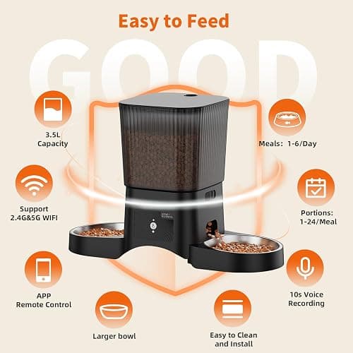 HoneyGuaridan Automatic Cat Feeder for 2 Cats,3.5L Dual Cat Food Dispenser, 2.4G/5G WiFi APP Control for Multiple Cats,2 Stainless Steel Bowls & 2 Slow Feeder Anti-Choking Bowls, Dual Power thumbnail 6
