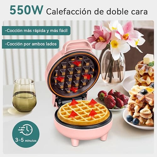 SNAILAR Mini Waffle Maker, 550W Waffle Iron, Ready Indicator Light, Non Stick Coating, Cool Touch Handle, Compact Size, Pink thumbnail 2