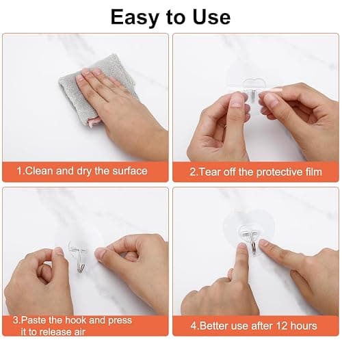 Adove Adhesive Hooks for Hanging, 24 Pack Heavy Duty Wall Hooks, Towel Coat Hooks Waterproof, Transparent Self Adhesive Sticky Hook for Kitchen Keys Glass Door,No Nail Utility Ceiling Hooks thumbnail 4