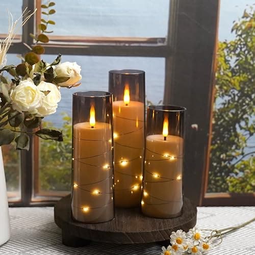 kakoya Flameless LED Candles with Timer 9 Pc Flickering Flameless Candles for Romantic Ambiance and Home Decoration Stable Acrylic Shell,with Embedded Star String，Battery Operated Candles（Grey） thumbnail 3