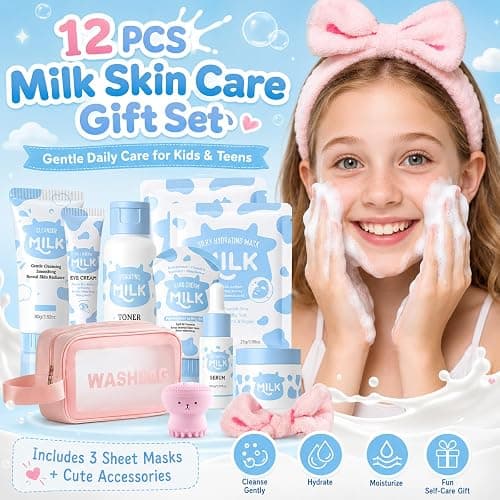 Milk Skin Care Set for Kids & Teens, 12 IN 1 Moisturizing Milk Skincare for Girls 10-12, Skincare for Kids Age 8-12, Birthday Gifts for Teen Girls, Face Care Kit, Korean Skin Care,12PCS thumbnail 2