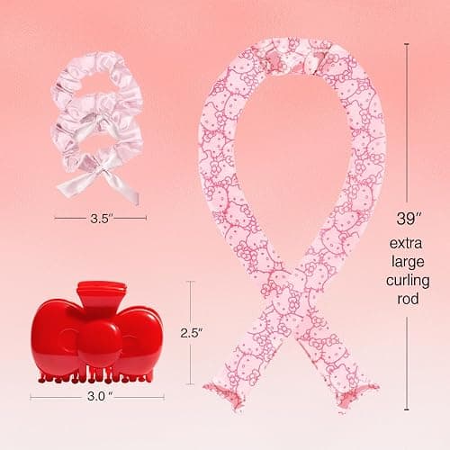 Hello Kitty x Kitsch XL Satin Heatless Curling Set- Heatless Hair Curler To Sleep In for Frizz-Free & Soft Curls, Comes with Bow Shape Design Hair Claw and Satin Scrunchies, Gifts for Women, 4pc Set - Pink Kitty Faces thumbnail 3