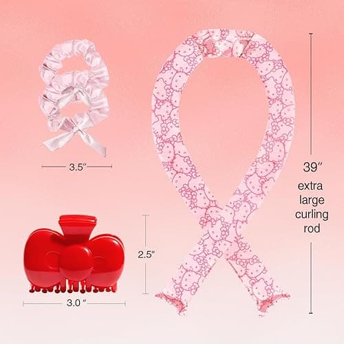 Hello Kitty x Kitsch XL Satin Heatless Curling Set- Heatless Hair Curler To Sleep In for Frizz-Free & Soft Curls, Comes with Bow Shape Design Hair Claw and Satin Scrunchies, Gifts for Women, 4pc Set - Pink Kitty Faces thumbnail 3
