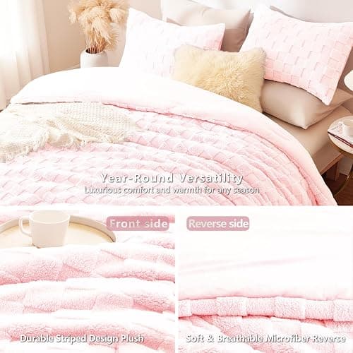 CozyLux Fleece Queen Comforter Set Blush Pink,Super Soft & Warm Fluffy Bedding with Checkered Pattern,Luxury Fuzzy Heavy Bed Set for Winter,3 Pieces,1 Comforter and 2 Pillowcases thumbnail 4