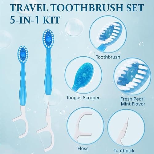 SUPENEGY 40pcs 5 in 1 Disposable Mini Toothbrush with Toothpaste + Floss + Pick + Tongue Scraper | Travel Size | Individually Wrapped | Soft | Mint | Travel Set | Oral Care (4) thumbnail 2