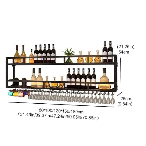 Metal Bar Shelves Wine Rack Wall Mounted Liquor Bottle Display Shelf with Wine Glass Rack and LED Light Kitchen Racks for Wine Bottles Floating Bar Mini Bar for Home Bar Restaurant Cafe Kitchen(Black, thumbnail 3