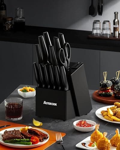 Astercook Knife Set, Kitchen Knife Set with Built-in Sharpener Block, Dishwasher Safe, 15 Pieces German Stainless Steel Knife Block Set, Black thumbnail 9