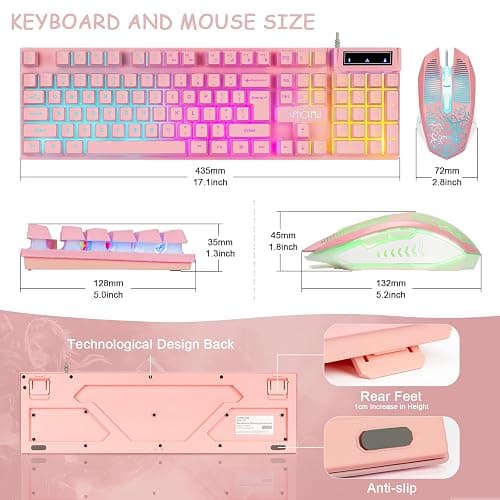 CHONCHOW Pink Gaming Keyboard and Mouse Combo with LED, 104 Keys Wired Light Up Pink Keyboard and Cute Mouse Set for PC Laptop Computer PS4 Xbox, 19 Keys Anti-ghosting, Multimedia Keys, Number Pad thumbnail 6