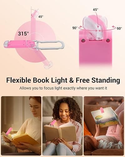 DEWENWILS USB Rechargeable Book Reading Light, Warm White, Brightness Adjustable, LED Clip on Book Lights for Reading in Bed, Car Reading Light for Kids, Bookworms (Pink) thumbnail 4