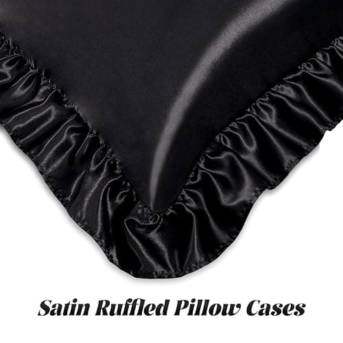 Homiest Ruffled Satin Sheets Full Size 6pc Set - Black Bed Sheet Set with 15 Inch Deep Pocket Fitted Sheet, 1 Flat Sheet, 2 Ruffled Pillow Shams & 2 Pillowcases, Similar to Silk Sheets thumbnail 5