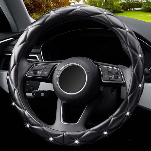 YOGURTCK Diamond Soft Leather Anti-Slip Steering Wheel Cover with Bling Bling Crystal Rhinestones, Universal 15 Inch for Women Girls, Fit Vehicles, Sedans, SUVs, Vans, Trucks - Black thumbnail 8