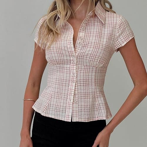 Women's Plaid Button Down Shirt Y2K Short Sleeve Vintage Blouse Top thumbnail 2