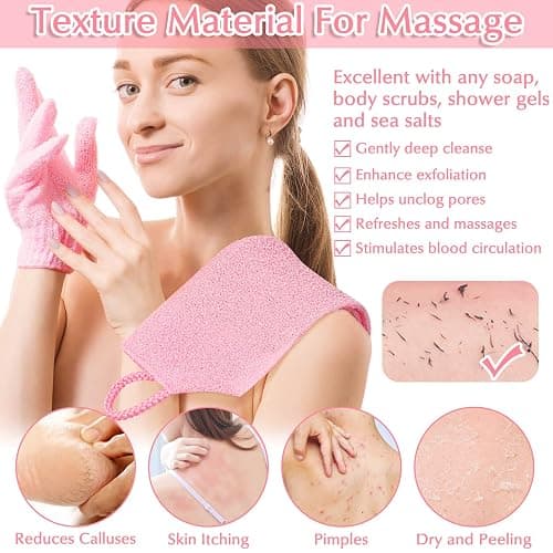Anezus Exfoliating Shower Bath Gloves Back Scrubber Set for Body, Face, Shower, Bath, Scrub and Exfoliator (Pink) thumbnail 5