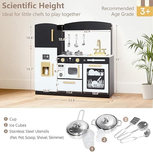 Kinder King Wooden Kids Play Kitchen, Toy Kitchen Playset for Toddler, Play Kitchen Set w/Blackboard, Transparent Coloring Board, Pretend Dishwasher, Oven, Ice Maker, Gift for Boys Girls Age 3+, Black thumbnail 2