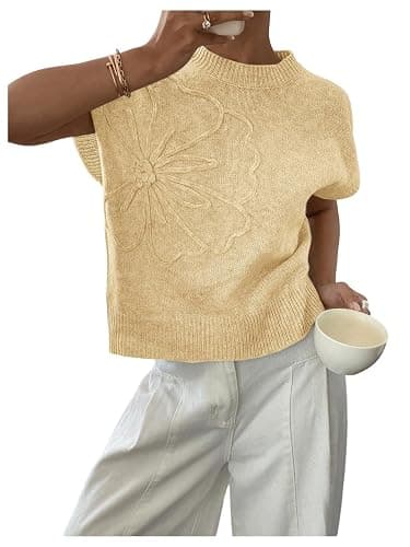 SOLY HUX Women's Ribbed Sweater Crew Neck Short Sleeve Loose Fit Floral Knit Pullover Tops - Image 1