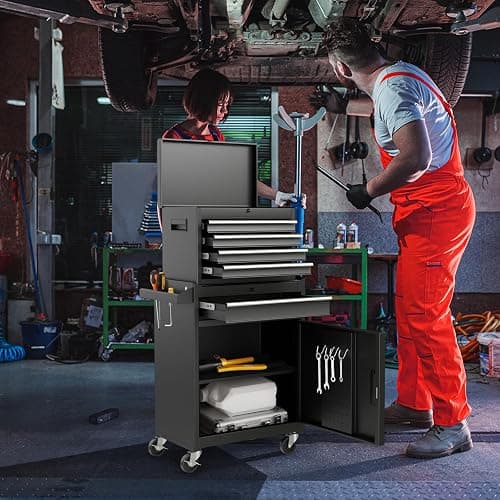Goplus Tool Chest, 5 Drawers Rolling Tool Cabinet with Detachable Top Toolbox, Universal Lockable Wheels, Lock Bar, Protective Liner & Tool Rack, Metal Tool Storage Cart, Tool Box for Garage Workshop thumbnail 9