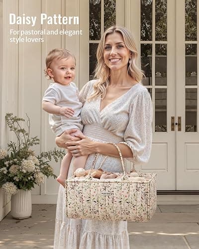 Blissful Diary Floral Diaper Caddy Organizer Storage Basket, Pastoral Daisy | Portable Storage Basket with Removable Dividers, Gift for Baby Shower, Newborn Boy & Girl Essentials, Baby Registry Must Have thumbnail 7