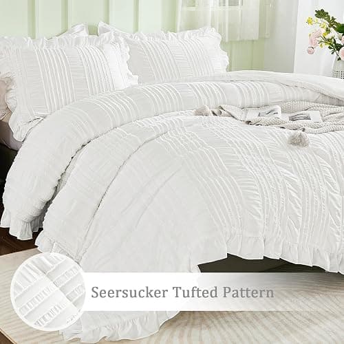 WONGS BEDDING White Queen Comforter Set,Boho Ruffle Comforter for Queen Bed,Soft Seersucker Shabby Chic Bedding Set with 1 Comforter,2 Tufted Pillowcases 90"×90" thumbnail 5