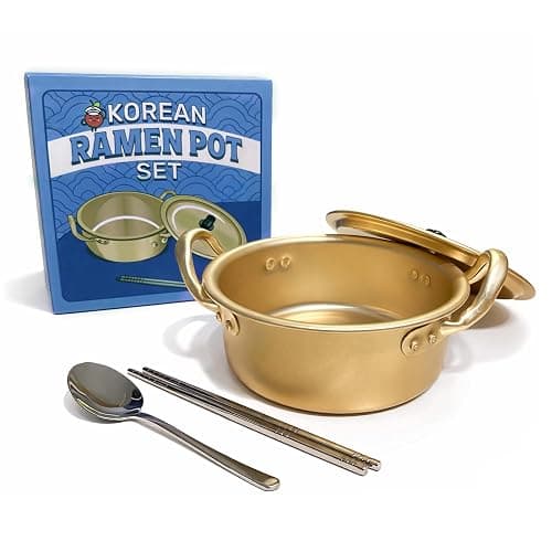 Captain Cranberry Korean Ramen Pot Set (with Lid, 304 Stainless Steel Spoon & Chopsticks), Gold Korean Ramen Noodle Pot, 30.7oz/900ml, Double Handle, Fast Heating Stovetop Cooking Pot for Shin Ramyun - Image 1