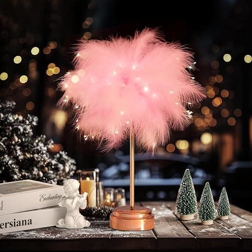 BDUSXYZ Pink Feather Lamp - LED Atmosphere Feather Night Lights Bedside Lamps for Mother, Girlfriend Home Girl Room Wedding Decoration thumbnail 3